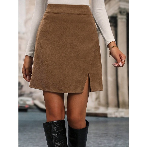 Minimalist High Waist Split Hem Corduroy mini Skirt - Picture 7 of 12